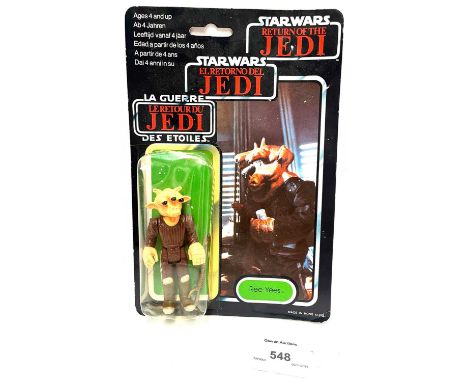 Palitoy vintage Star Wars Tri-Logo Ree-Yees 3 3/4" figure, Mint, within Good (dented and yellowed) bubble, upon Good (light c