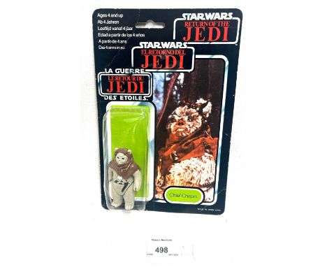 Palitoy Star Wars vintage Return of the Jedi Tri-Logo Chief Chirpa 3 3/4" figure, Mint, within Good (dented) bubble, upon Goo