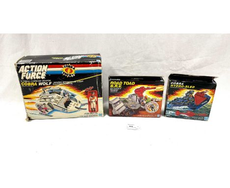 Hasbro vintage Action Force vehicles x 3 including Cobra Wolf vehicle, Excellent (missing one small wheel) NO FIGURE, within 