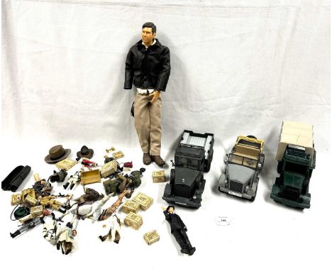 Selection of vintage Kenner Hasbro and modern Indiana Jones figures, vehicles and accessories including vintage Convoy Truck,