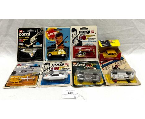 Corgi Junior vintage James Bond Die-cast packaged models x 8 including 40 Aston Martin DB6, 73 Moonraker Drax Jet Ranger, 41 