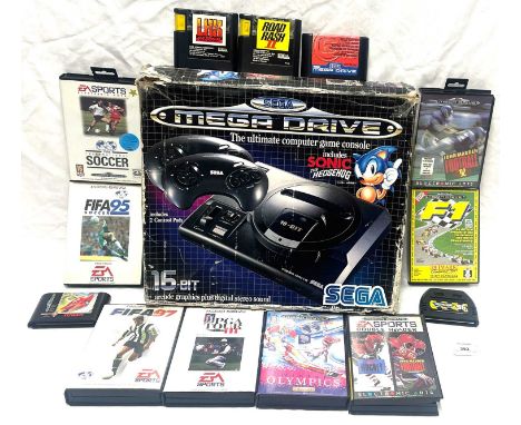 Sega Mega Drive with Sonic the Hedgehog Game includes Console, Controllers x2 , Power Cable, Scart Lead (Boxed, Fair) and Son