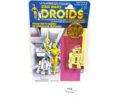 Kenner Canada Star Wars vintage Droids R2-D2 pop-up saber 3 3/4" figure MOC, Mint, within Good (dented and yellowed) bubble, 