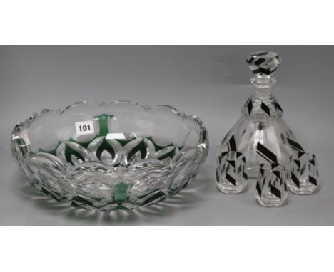 An Art Deco style decanter with three glasses and a cut emerald glass bowl signed Van St Lambert bowl diameter 30.5cm