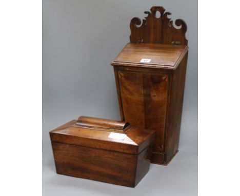 An inlaid mahogany candle box (lacking hinges) and a rosewood tea caddy