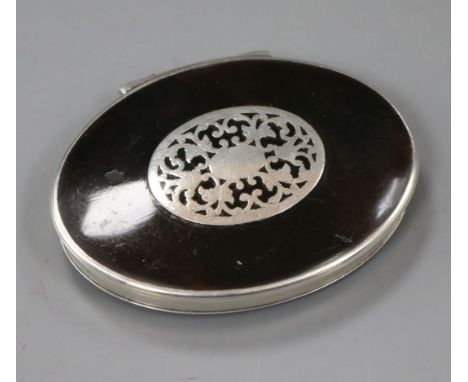 An 18th century? oval white metal and tortoiseshell oval snuff box, unmarked, 76mm.