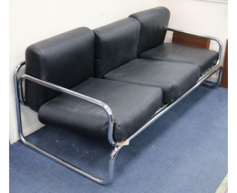 A steel tube frame and black leather sofa W.183cm