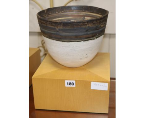 A Robin Welsh Art pottery bowl on wooden stand, signed