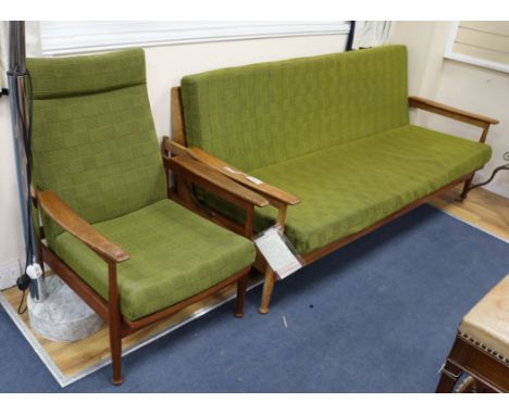 A Guy Rogers for Heals Manhatten teak sofa bed and matching armchair Sofa W.202cm