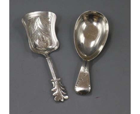 Two silver caddy spoons: Godbehere, Wigan &amp; Bult, London, 1800 and Hilliard &amp; Thomasson, Birmingham, 1856.