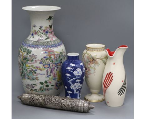 A modern Chinese vase, a similar blue and white vase, two other vases and a scroll box tallest vase 40cm