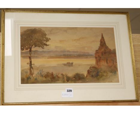 B.M. Willes, watercolour, Burmese seascape with Bogan Temple, signed, 27 x 44cm