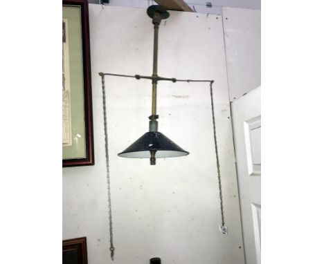 A Victorian brass ceiling gas light with on/off tags on chains