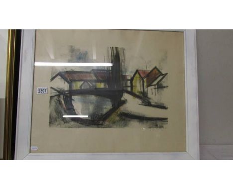 Modernist European limited edition abstract print 117/200 of a village street scene circa 1960's/70's stamped school of Hazlo