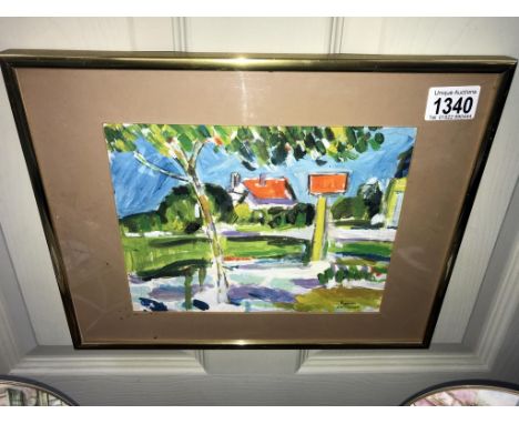 A framed &amp; glazed Scottish colourist school gouache on card sketch village scene, title Royan, Saintonge