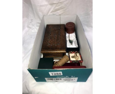 A box of miscellaneous including pill boxes, tie clips, oak box &amp; treen lighthouse needle box etc
