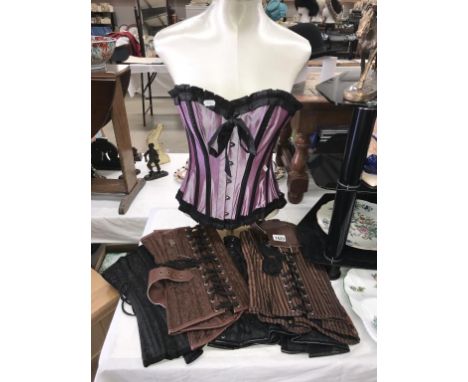5 Steam Punk corsets in a variety of colours &amp; sizes. (display mannequin not included)