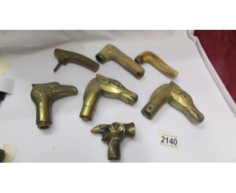 Four brass walking stick handles and three others.