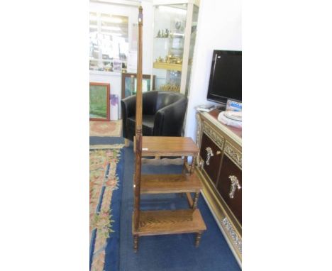 An elegant set of Arts &amp; Crafts style oak library steps with handrail. ****Condition report**** Top step height 61cm, han