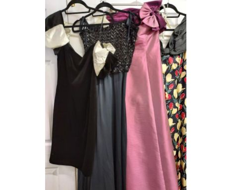 Two evening gowns, a cocktail gown and floral day dress with retro print â€“ varying sizes