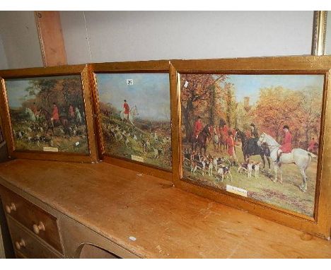 Three good gilt framed hunting scenes, 59 x 49 cm.