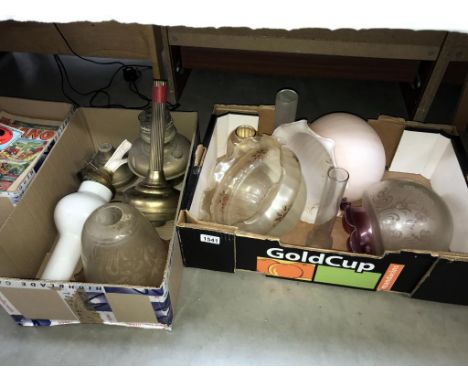 2 boxes of glass lamp shades and oil lamp parts