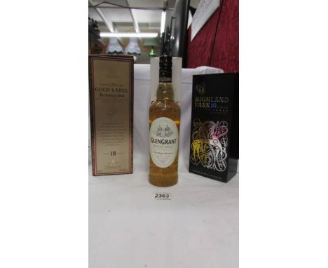 Three bottles of Whisky - Johnny Walker gold label 18yr mature scotch whisky, Glengrant single Malt and Highland Park 10yr ol