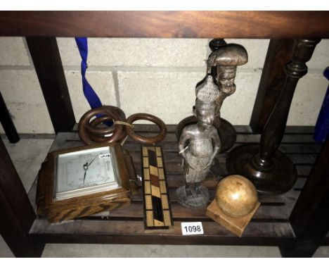 2 carved wooden figures, 1930's turned candlesticks with brass sconces, barometer etc.