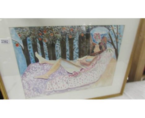  Michael Haswell (1931-2020) Signed modernist/fauvist watercolour painting of a reclining female nude under an apple tree. Fr