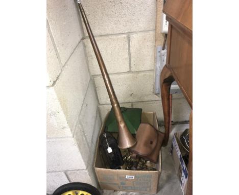 An early coaching rear candle lamp light, gilded wall lights &amp; copper post horn etc.