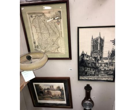 A framed &amp; glazed Cathedral embroidery, framed &amp; glazed map of Lincolnshire &amp; a framed &amp; glazed print The Gre