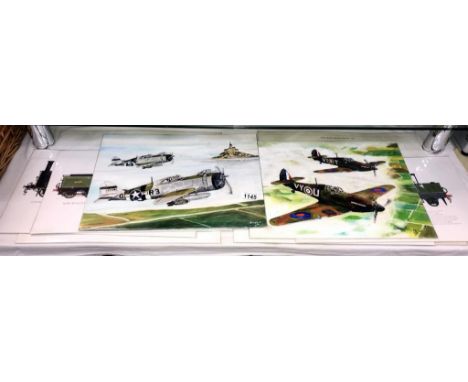 2 oil on board military aircraft by J Stagg 2007 30cm x 41cm and a selection of prints of trains and battleships