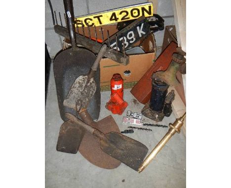 A mixed lot of old tools, car jacks etc.,