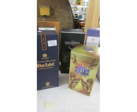 Five boxed bottles of Scotch whisky - Macallan 25 yr, Macallan 18 yr, Johnnie Walker Blue Label, Chivas Royal Salute 21yr and