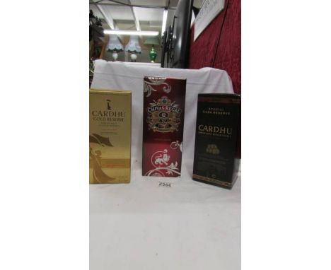 Three bottles of whisky - A Chivas Regal 12yr blended scotch whisky, Cardha gold reserve and Cardhu special cask reserve.