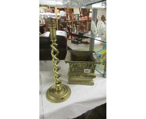 A 19th century brass jardiniere (missing bottom) and a brass barley twist lamp base.