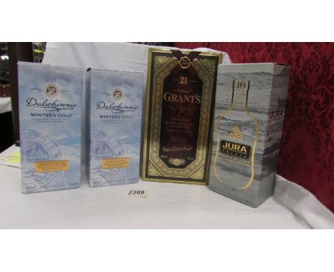 Four bottles of whisky - Two Dalwhinnie Winters Cold, William Grant's rare old scotch 21 yrs and Jura scotch whisky.