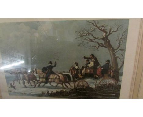 Two framed and glazed John Leech hunting prints and 3 framed and glazed coaching prints.