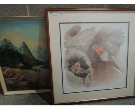 A tapestry Robin feeding chicks and an Alpine scene print