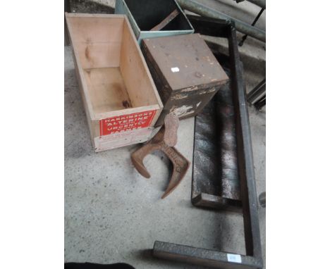 Two brass fire fenders, a cast shoe last and vintage boxes