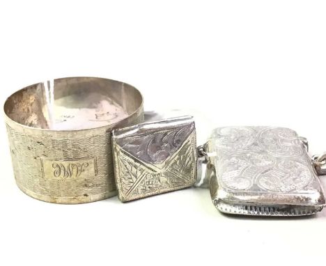 SILVER NAPKIN RING, ALONG WITH A VESTA CASE AND STAMP CASE  the napkin ring machine turned
