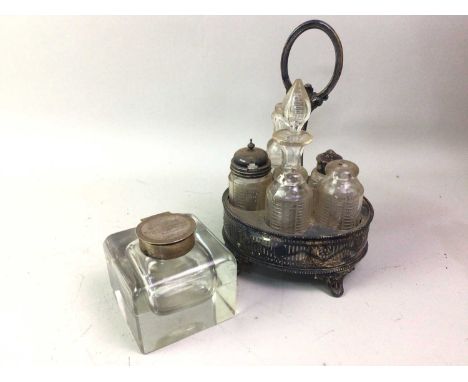 GEORGE V SILVER MOUNTED GLASS INKWELL, AND OTHER ITEMS the inkwell with inscription dated 1921, also including a cruet set, a