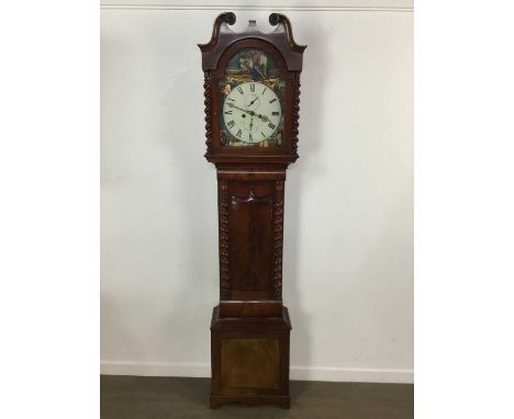 19TH CENTURY MAHOGANY LONGCASE CLOCK GEO LUMSDEN, PITTENWEEM the hood with swan neck pediment enclosing a painted enamel dial