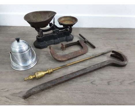 GROUP OF TOOLS, AND OTHER ITEMS including a set of scales and a preserve jar, contained within a Walls ice cream containercon