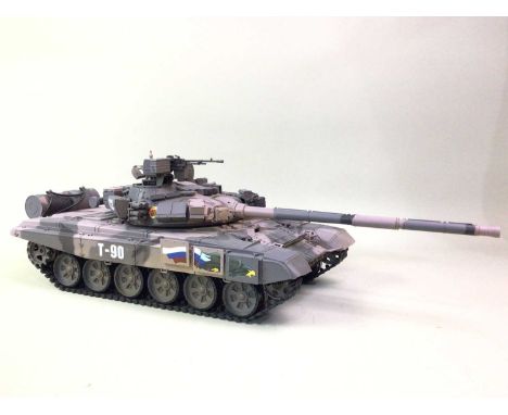 RUSSIAN T-90 MODEL TANK, AND OTHERS  comprising a T-34 tank model and two additional German tanksQty: 4