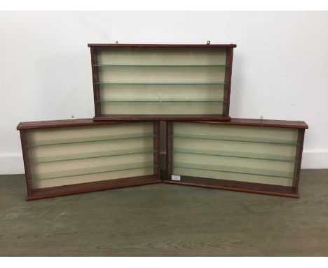 SIX MODEL WOODEN DISPLAY CABINETS, fitted with three glass shelves and with sliding perspex front28cm high, 53cm wide