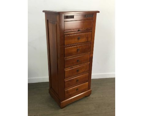 CHERRY WOOD NARROW CHEST, with secretaire drawer over six drawers with ring handles116cm high, 552cm wide