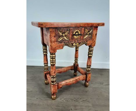 SMALL PAINTED CONSOLE TABLE, with single drawer on turned supports 62cm high, 53cm wide
