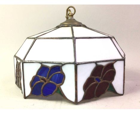 REPRODUCTION GLASS CEILING LIGHT SHADE, octagonal form, with leaded effect glass panels, red and blue flowers on white ground