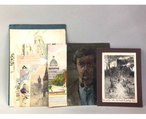 TOM TERRIS, THE CURFEW TOLLS THE KNELL OF PARTING DAY watercolour, signed lower right, also a Tom Terris self portrait waterc